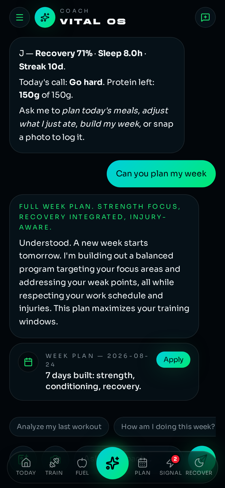 AI coach chat building a personalized week plan